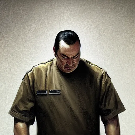 Image similar to sad steven seagal in jail cell, prison bars, prison bars, prison bars, intricate, highly detailed, digital painting, artstation, concept art, smooth, sharp focus, illustration, art by greg rutkowski, patriotic!!!