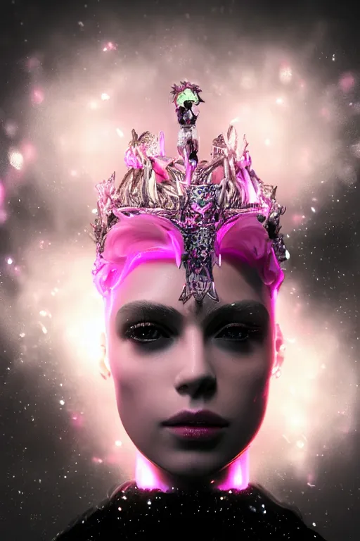 Image similar to hyper detailed ultra sharp portrait of baroque and bladerunner delicate glowing diamond sculpture of seductive muscular albino young spanish king, pink diamond black metallic sphinx iridescent humanoid deity wearing black cloak holding a prismatic gem, glowing pink face, crown of white diamonds, cinematic lighting, photorealistic, octane render 8 k depth of field 3 d