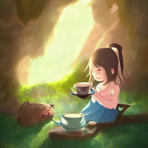 Image similar to little girl drinking tea with a friendly cryptid, digital art, colorful, artstation, studio ghibli