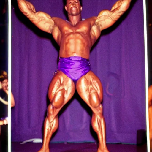 Image similar to realistic photo 35mm of a bodybuilder wearing a loincloth in a disco club next to a large purple rectangle made of lightning