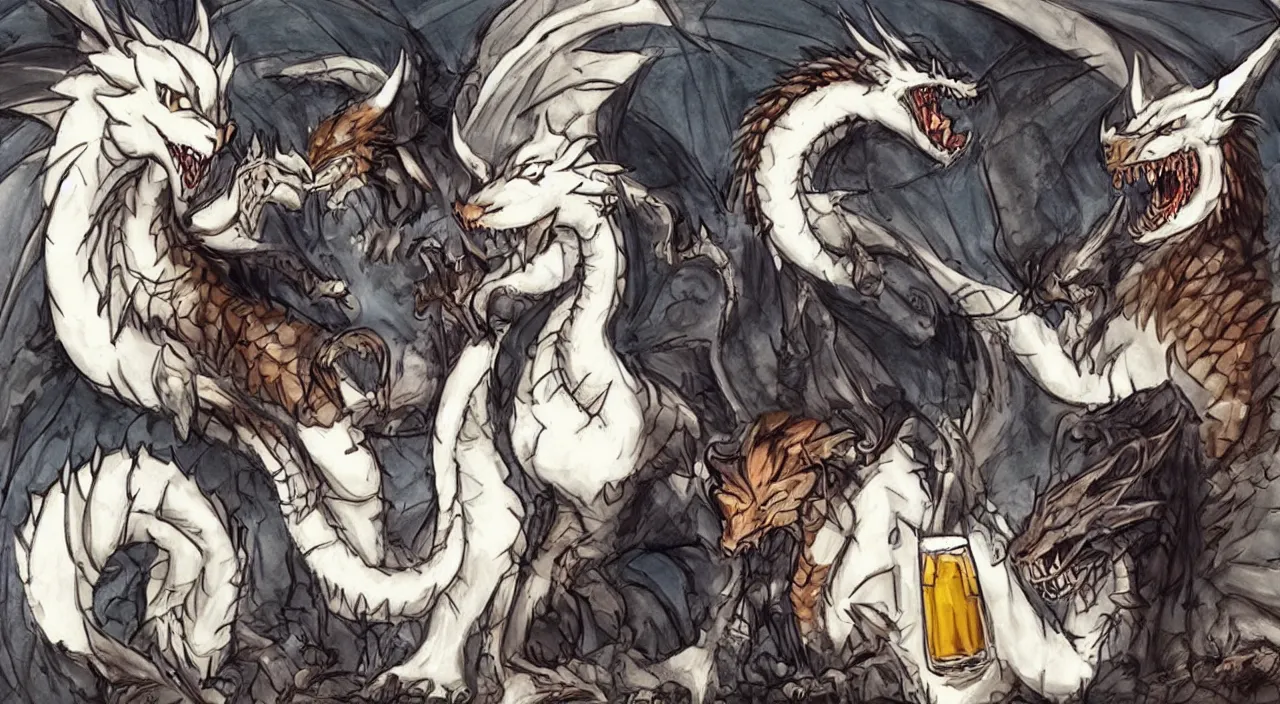 Image similar to Dragon and Wolf drink beer and watch anime