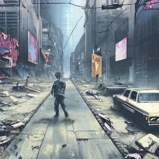 Prompt: the last man standing is on an empty street in an abandoned cyberpunk city