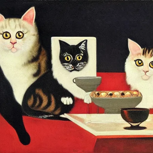 Image similar to highly detailed, 4k, oil painting of cats drinking coffee by Caravaggio, Matisse, and Rothko