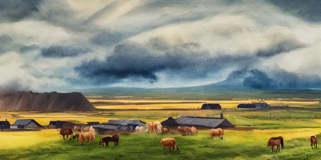 Image similar to a beautiful painting of a icelandic farm, icelandic horses galloping, storm clouds gathering over the town, by studio ghibli 8 k pastel colours, isometric drone shot smeared watercolours, golden light film grain