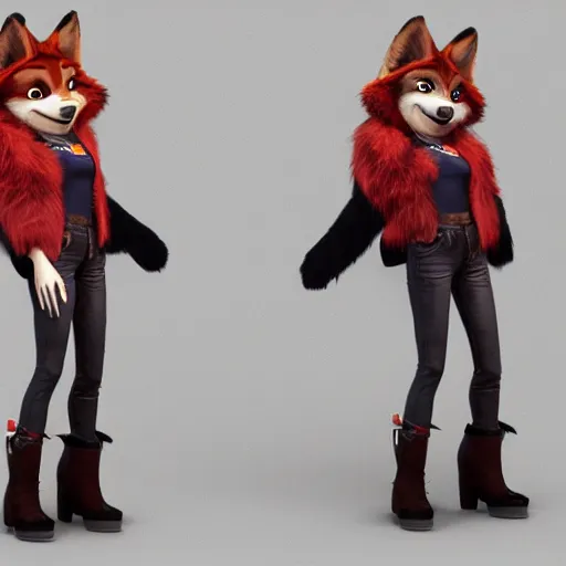 Prompt: upper body portrait, anthropomorphic female wolf with red fur, wearing a black leather jacket and denim pants, detailed, unreal engine 5, artstation, in the style of zootopia