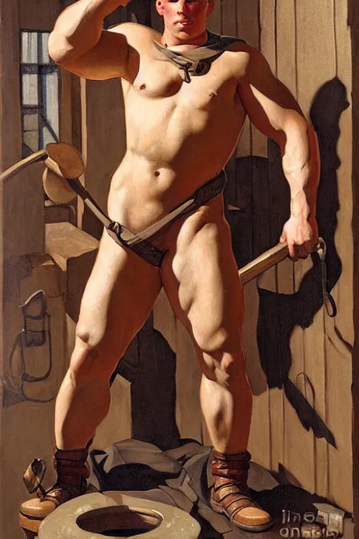 Image similar to muscular sweaty male blacksmith, forgehouse painting by j. c. leyendecker, tom of finland