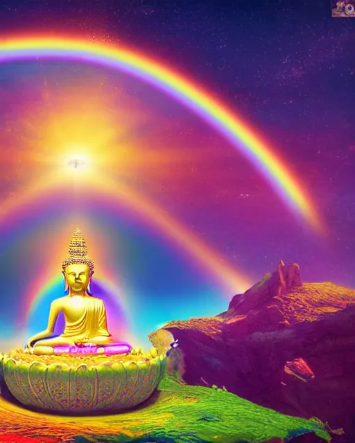 Prompt: the most beautiful star system, sky full of brightly coloured starts, inside of an expansive cave, green tara buddha with a crown of rainbow clouds, coherent design, symmetrical, vivid color, complementary color, golden ratio, detailed, sharp lines, intricate, rainbowshift, by in unreal engine, nvidia, octane render