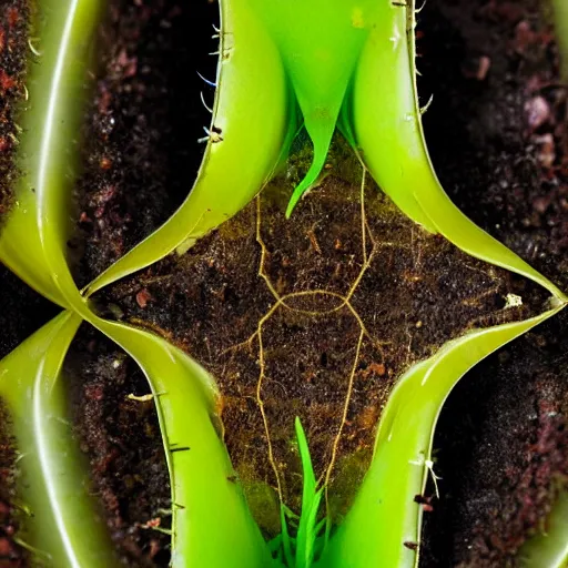 Image similar to a cross section of a carnivorous plant with sharp pointy teeth showing its roots underground, plant photography