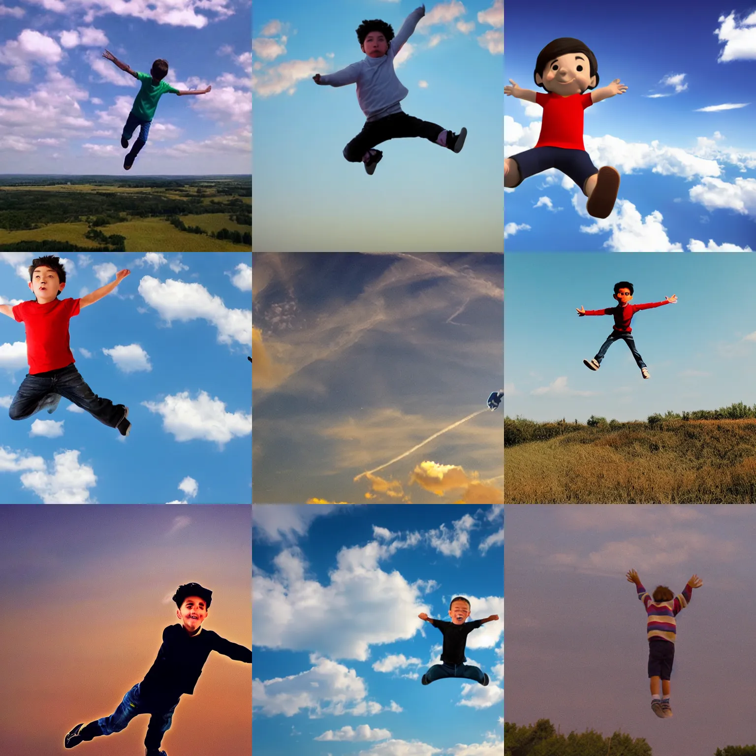 Prompt: a boy flying making a t - pose on sky, zoom, rare fottage