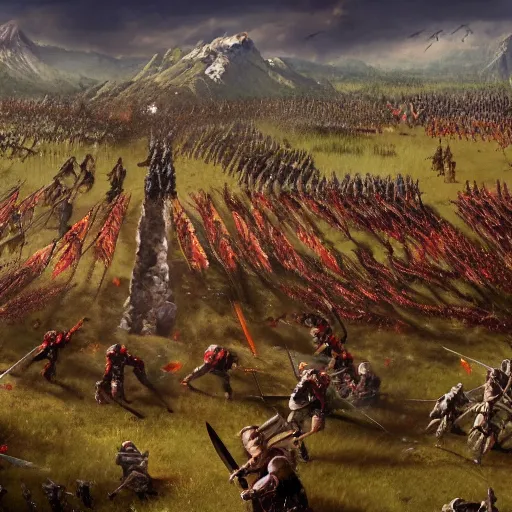 Prompt: A scene from a battle of some kind, with two armies fighting each other, in a vast and open field, surrounded by mountains, war, artstation, cg society, illustration, 5k, by Irina French