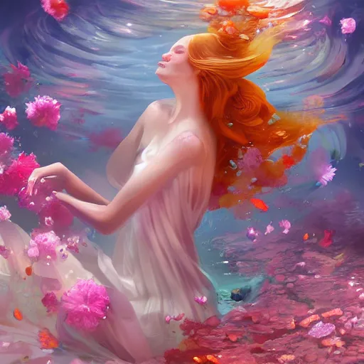 Image similar to Ginger woman in a swirling sundress of flowers, underwater, floral explosion, radiant light, vortex of plum petals, by WLOP and artgerm, artstation, deviantart, pixiv