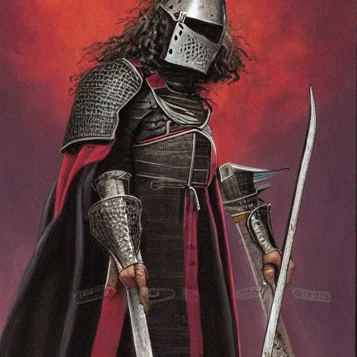 Image similar to HD character illustration high detail by Michael Whelan of %Geddy Lee% as a medieval warlock-knight.