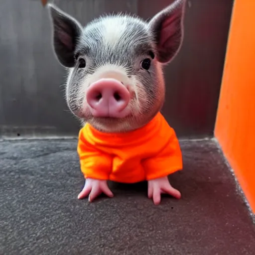 Image similar to cute mini pig wearing orange inmate clothes