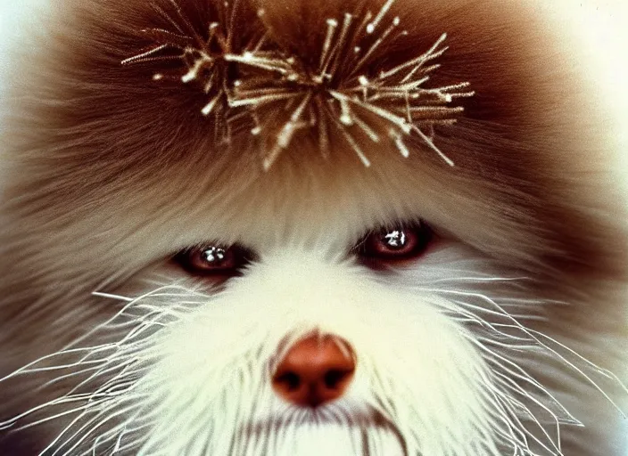 Image similar to realistic photo of a face of very beautiful girl white fluffy hairy fur face, symmetrical, skin is made of white fluffy hairs, eyes made of snowflakes, close up 1 9 9 0, life magazine reportage photo, natural colors