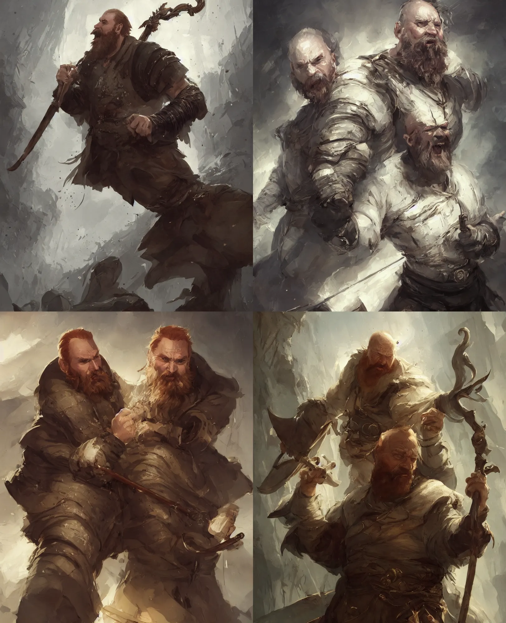 Prompt: A handsome painting of middle aged cleric with a receding hairline and a ginger beard holding a staff, wide stature, kind eyes, character art, concept art, character design, happy, cinematic, hyper detailed, matte painting, portrait, attractive face, Bayard Wu, Greg Rutkowski, Cedric Peyravernay, Anato Finnstark, artstation, 8k