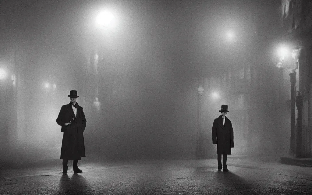 Prompt: A man in a trenchcoat holding a flashlight and armed with a ruby pistol in an early 20th century parisian street at night. Two cars are drifting around a shadow creature with their lights on. There is a thick fog covering the ground. A train station is visible in the background. 4k, digital art, dynamic, pulp, low angle shot, super wide shot, (fish eye).