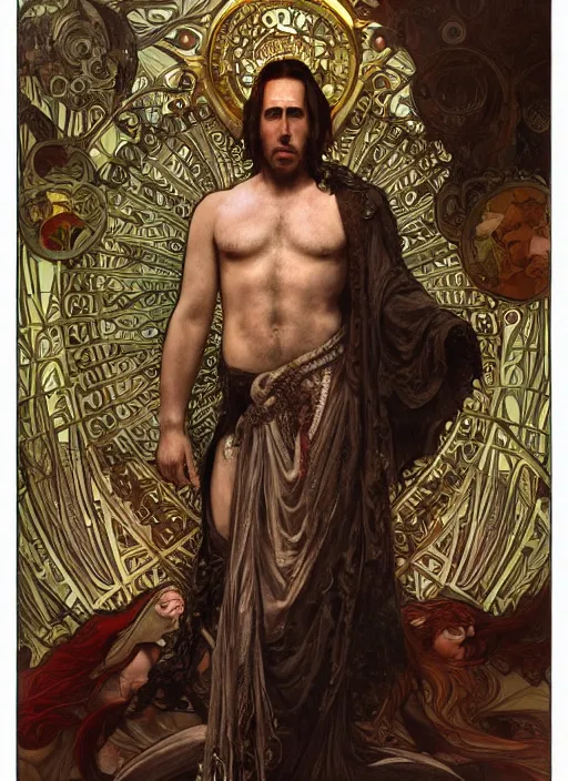 Image similar to Nicolas Cage as God of Beauty, brutal, fantasy, intricate, elegant, highly detailed, digital painting, 4k, HDR, concept art, smooth, sharp focus, illustration, art by alphonse mucha,artgerm, H R Giger