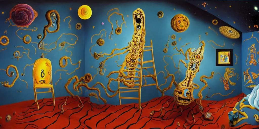 Prompt: a cosmic horror monstrosity inside of a childs bedroom, painting in the style of salvador dali, extremely detailed, disturbing, cinematic, 4 k, 8 k,