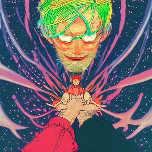 Prompt: a powerful psychic guy emitting psychic powers, by hikari shimoda, by jamie hewlett, by moebius,