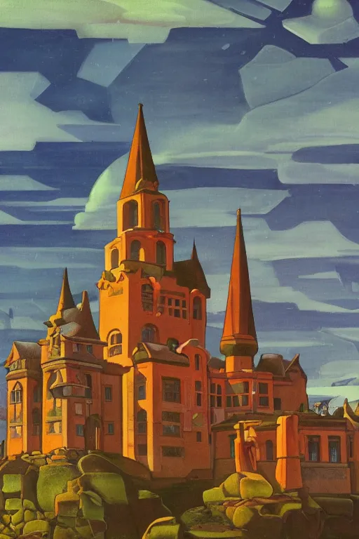 Image similar to view of the old tower and its gardens after a storm, tall windows lit up, beautiful ornamental architecture, dramatic cinematic lighting, rich colors, by Nicholas Roerich and and Caspar David Friedrich , smooth, sharp focus, extremely detailed, featured on artstation