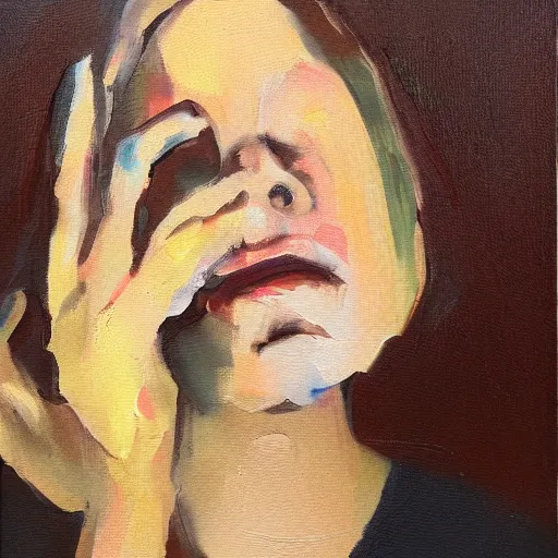 Image similar to scared woman staring up, oil painting, oil in canvas, brushstrokes