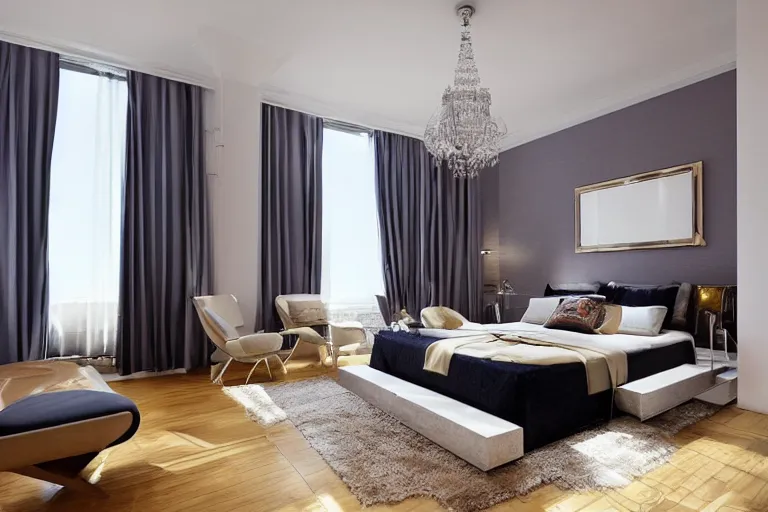 Prompt: A sunny bedroom, exquisite decoration, all New York Apartments style furniture, high tech