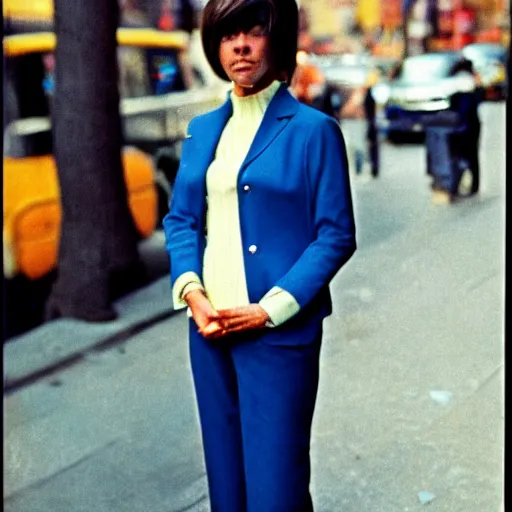 Prompt: street photography portrait of a woman in a suit in the streets of new york, 1 9 6 0 s, colour film street photography, photo taken with ektachrome, featured on flickr, photographed on damaged film