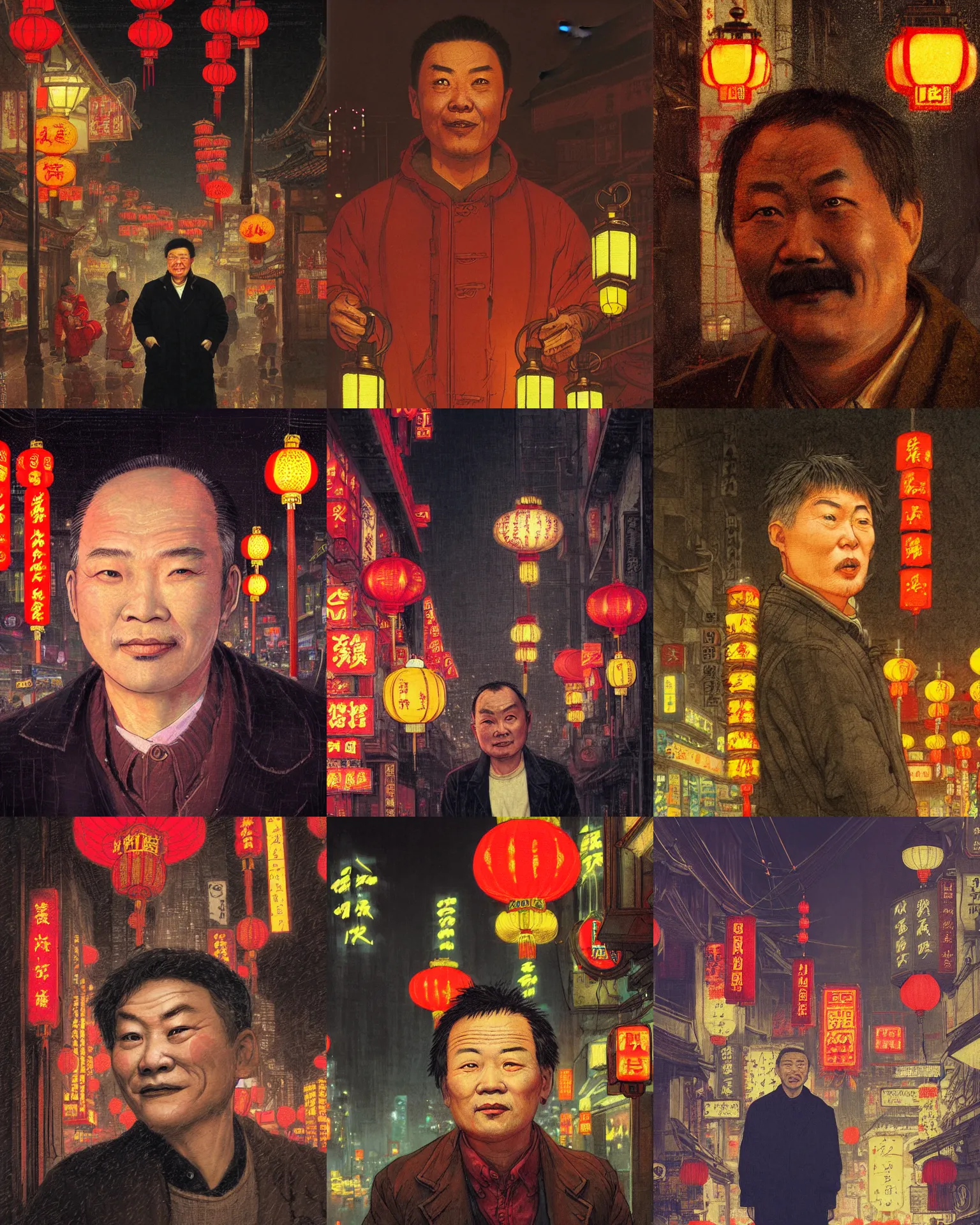 Prompt: closeup portrait of a middle - aged chinese man, slight smile, street at night with lanterns and neon signs, chinese new year in shanghai, art by rebecca guay and greg rutkowski