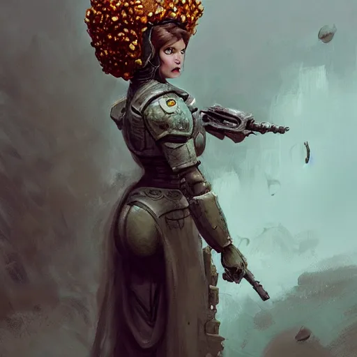 Prompt: doomguy as an attractive young smiling woman wearing a mushroom crown and heavy armoured wedding dress, face portrait, hd shot, digital portrait, beautiful, fantasy art, artstation, comic style, by artgerm, guy denning, jakub rozalski, magali villeneuve and charlie bowater