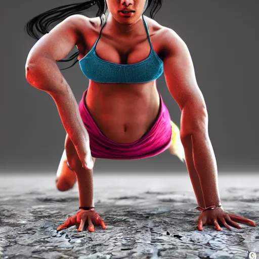 Prompt: indian woman doing push ups, ultra realistic, concept art, intricate details, highly detailed, photorealistic, octane render, 8 k, unreal engine