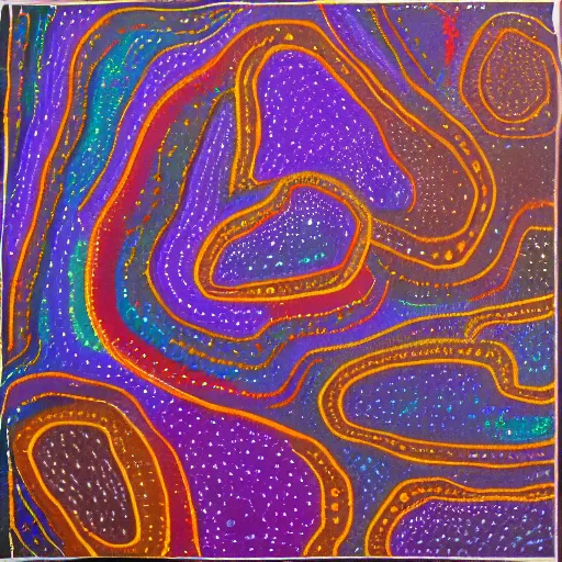 Image similar to the phantom galaxy painted in the style of australian aboriginal art, detailed painting, dot painting, dreamtime, pastel blush color palette, indigenous, ochre papunya tula,