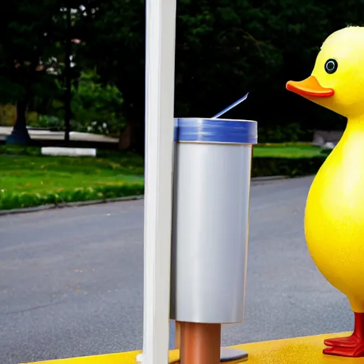 Image similar to a yellow human sized duck standing next to a lemonade stand, cartoon, high resolution