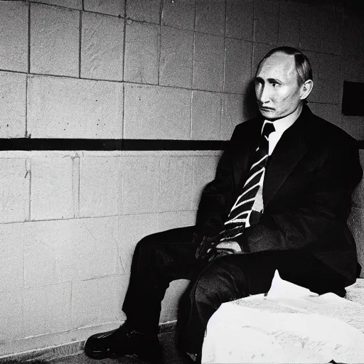 Image similar to a very sad and old wrinkled vladimir putin ( ( in prison clothes sitting on prison bench in prison ) ). detailed professional 3 5 mm black and white photo by don mccullin and anders petersen world press photo award