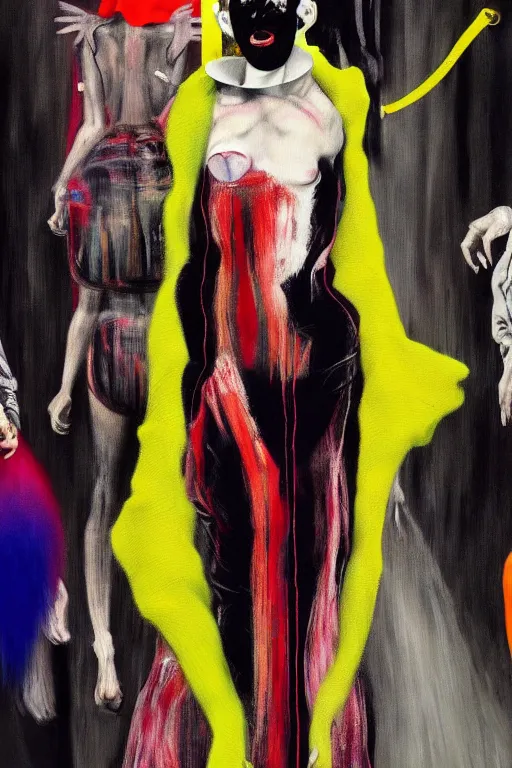 Image similar to crazy fashion catwalk, one model, crazy clothes, hauntingly surreal, highly detailed painting by francis bacon, edward hopper, adrian ghenie, gerhard richter, and james jean soft light 4 k,