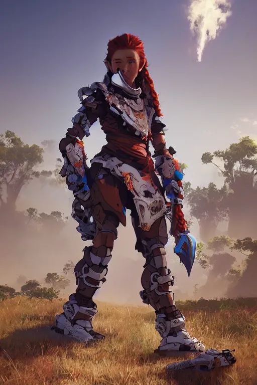 Image similar to combination suit armor aloy horizon forbidden west horizon zero dawn robot ninja mask helmet backpack tribal, aesthetic octane render, 8 k hd resolution, by ilya kuvshinov and cushart krentz and gilleard james radiating a glowing aura cgi rtx 2 0 2 2