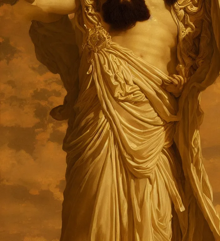 Image similar to a beautifully high detail, intricate, clear detailed portrait of a close up deptic of zeus with an ornate golden teal curtain at beautiful sunset daytime nature sunlit painting by frederic leighton and rosetti, 8 k, octane render