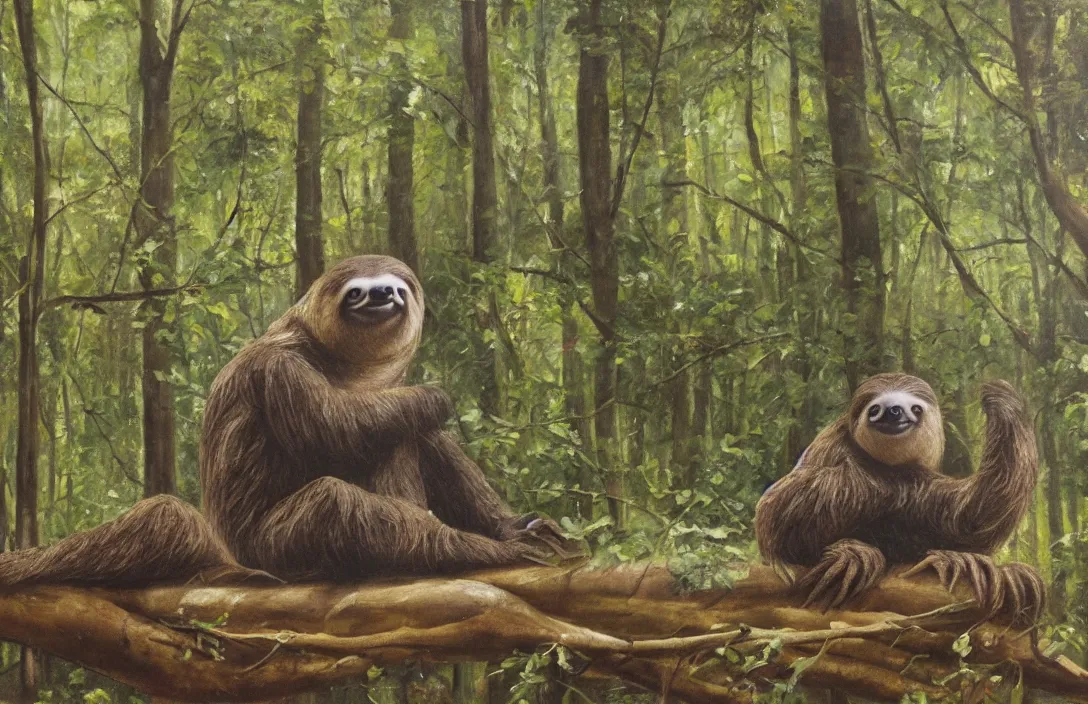 Prompt: a work uniform sitting next to a sloth in a forest, oil painting