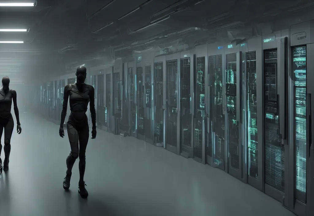 Prompt: android walking in server room in datacenter, shot by cyberpunk syle, character design, proportional body, whole body, whole figure, very realistic cinematic concept art, complementary color, realistic detailed, sharp lines, trending on artstation, volumetric lighting, style by vitaly bulgarov artstaion film by neil blomkamp style, octane render