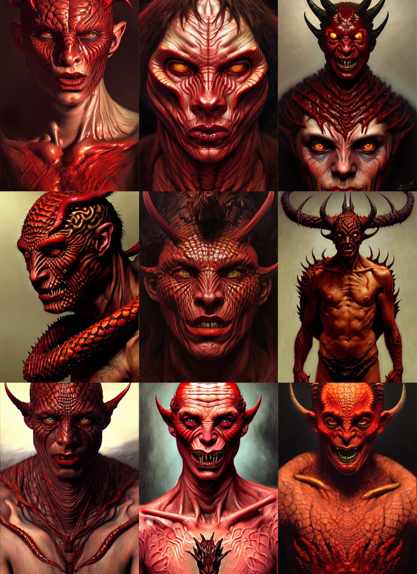 Prompt: devil man, intricate skin pattern texture, savage, full body, hyper realistic, extremely detailed, dnd character art portrait, dark fantasy art, intricate fantasy painting, dramatic lighting, vivid colors, deviant art, artstation, by edgar maxence and caravaggio and michael whelan and delacroix.