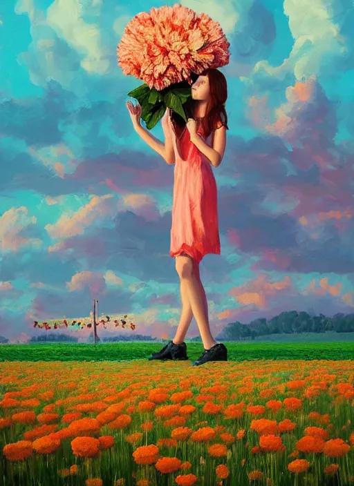 Image similar to portrait of a woman with a giant carnation as a face, flower field, surreal photography, sunset dramatic light, impressionist painting, colorful clouds, blue sky, digital painting, artstation, simon stalenhag