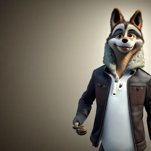 Image similar to far shot, 3d render , anthropomorphic wolf male , wearing along brown leather jacket , in the style of Zootopia