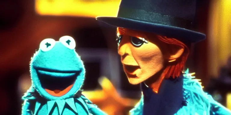 Image similar to Cinematography of David Bowie in 1981 shot on a 9.8mm wide angle lens on the set of The Muppet Movie