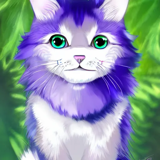 Image similar to cute anthro anime tabby cat with blue fur and purple hair, digital art