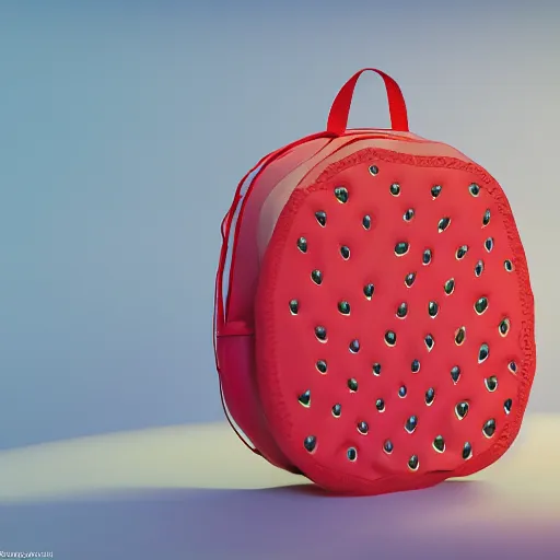 Prompt: a backpack in strawberry fruit shape, digital art, artgem, octane render, artstation, hasselblad photo, 4 k resolution, fashion design, product photo, strawberry