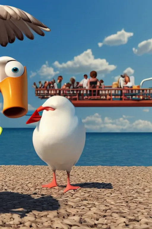 Image similar to Seagull Pixar character drinking a cup of coffee in the beach, Up movie style, 3d render