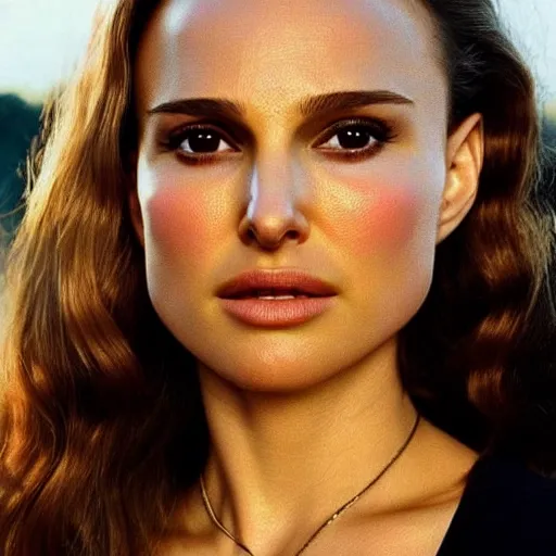 Image similar to “Natalie Portman, beautiful, golden hour, golden filter, sunset on the background, sharp focus, hyperrealistic masterpiece professionally post-processed smooth ultradetailed digital airbrush painting”