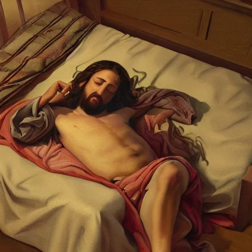 Image similar to Jesus Christ asleep tucked in in his bed, old realistic painting trending on artstation