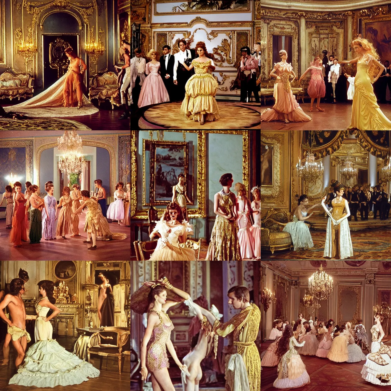 Prompt: ballroom scene from the leopard by luchino visconti with claudia cardinale ( ( ( dressed as venus in birth of venus ) ) ) set in the 1 9 th century in an italian villa. technicolor!!!!, highly intricate, 5 0 mm