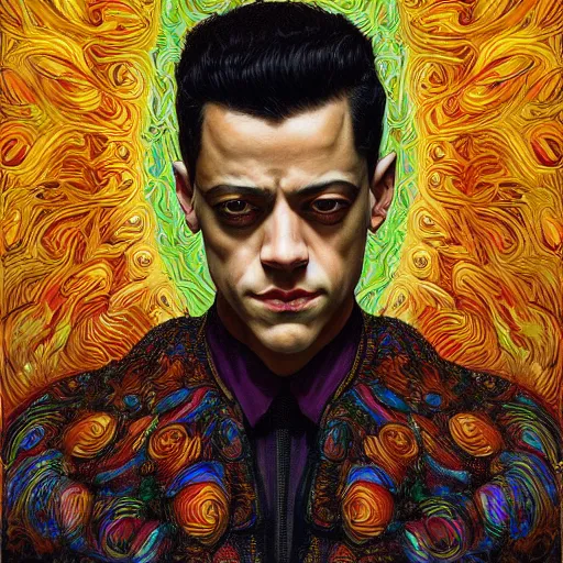 Image similar to portrait of rami malek, hyper detailed masterpiece, neon floral pattern, jean giraud, digital art painting, darkwave goth aesthetic, psychedelic, artgerm, donato giancola and tom bagshaw