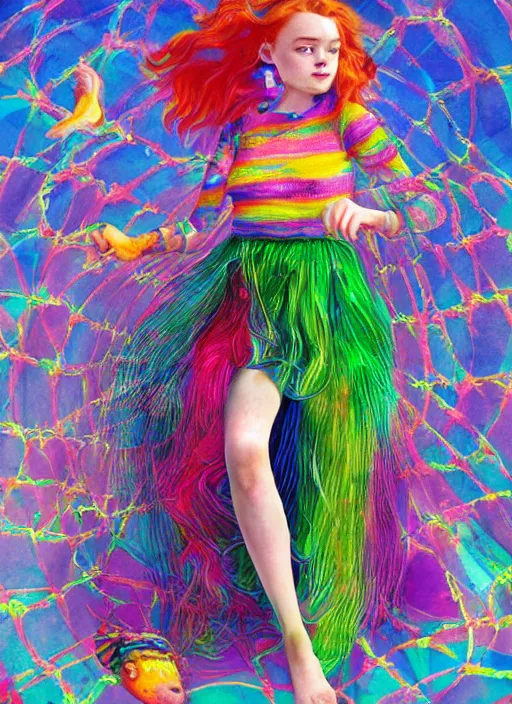 Prompt: surrealism psychedelic full body portrait sketch of sadie sink as delirium of the endless in fishnet top and rainbow tutu skirt from the sandman, floating goldfish, green and blue eye heterochromia by alex ross, josh kirby, detailed, elegant, intricate